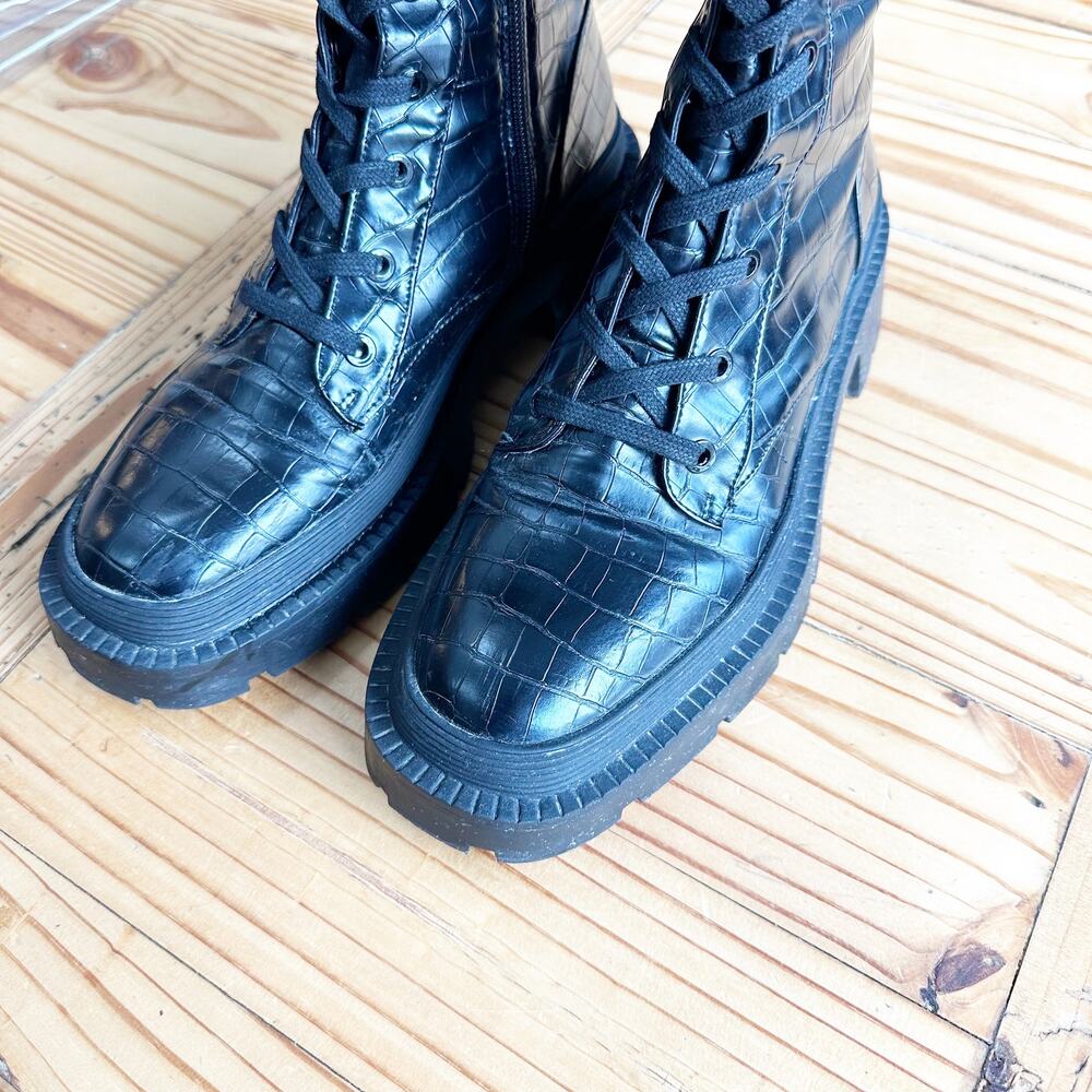 Zara Black Croc Embossed Combat Boots Platform Lug Sole Lace Up EU 39 US 8 - Picture 6 of 12